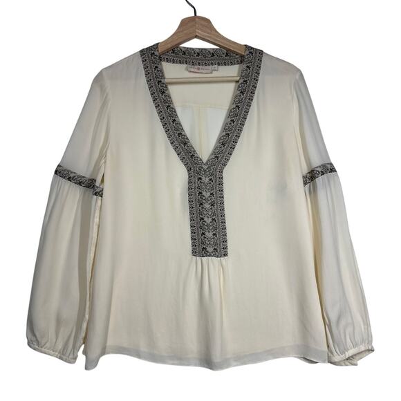 Tory Burch Silk Peasant Blouse Top Ivory Chiffon Size S Batik Trim Boho Designer - Picture 1 of 16